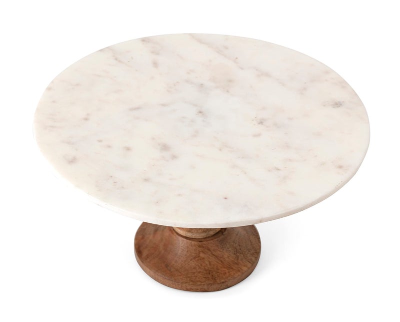 IMAX Lissa Marble Cake Stand in White â€“ Handcrafted Cake Pedestal, Marble and Mango Wood Display Table for Presenting Cakes, Pastries, Desserts. Cake Stands - Image 3